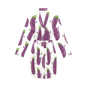 Eggplant Pattern Print Design 01 Women's Long Sleeve Belted Night Robe