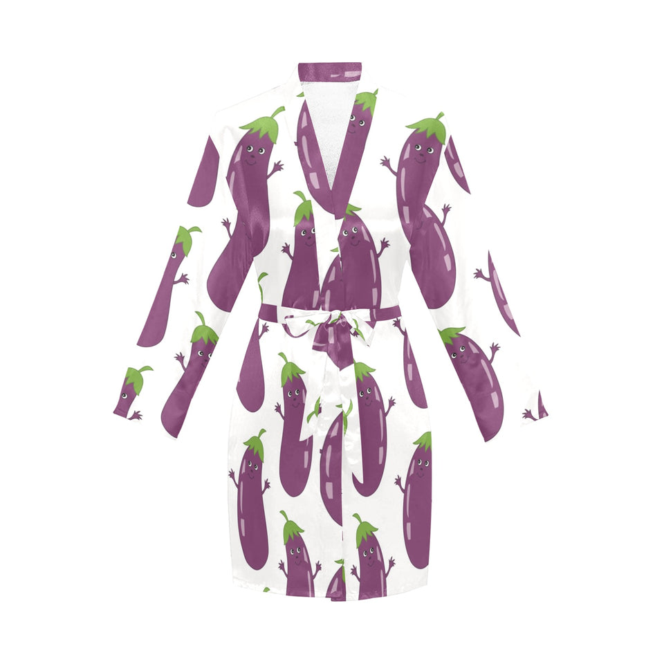 Eggplant Pattern Print Design 01 Women's Long Sleeve Belted Night Robe