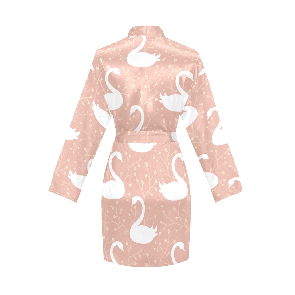 Swan flower light pink background Women's Long Sleeve Belted Night Robe