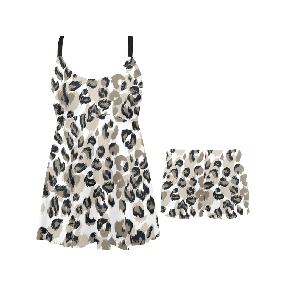 Leopard skin print pattern Chest Sexy Pleated Two Piece Swim Dress