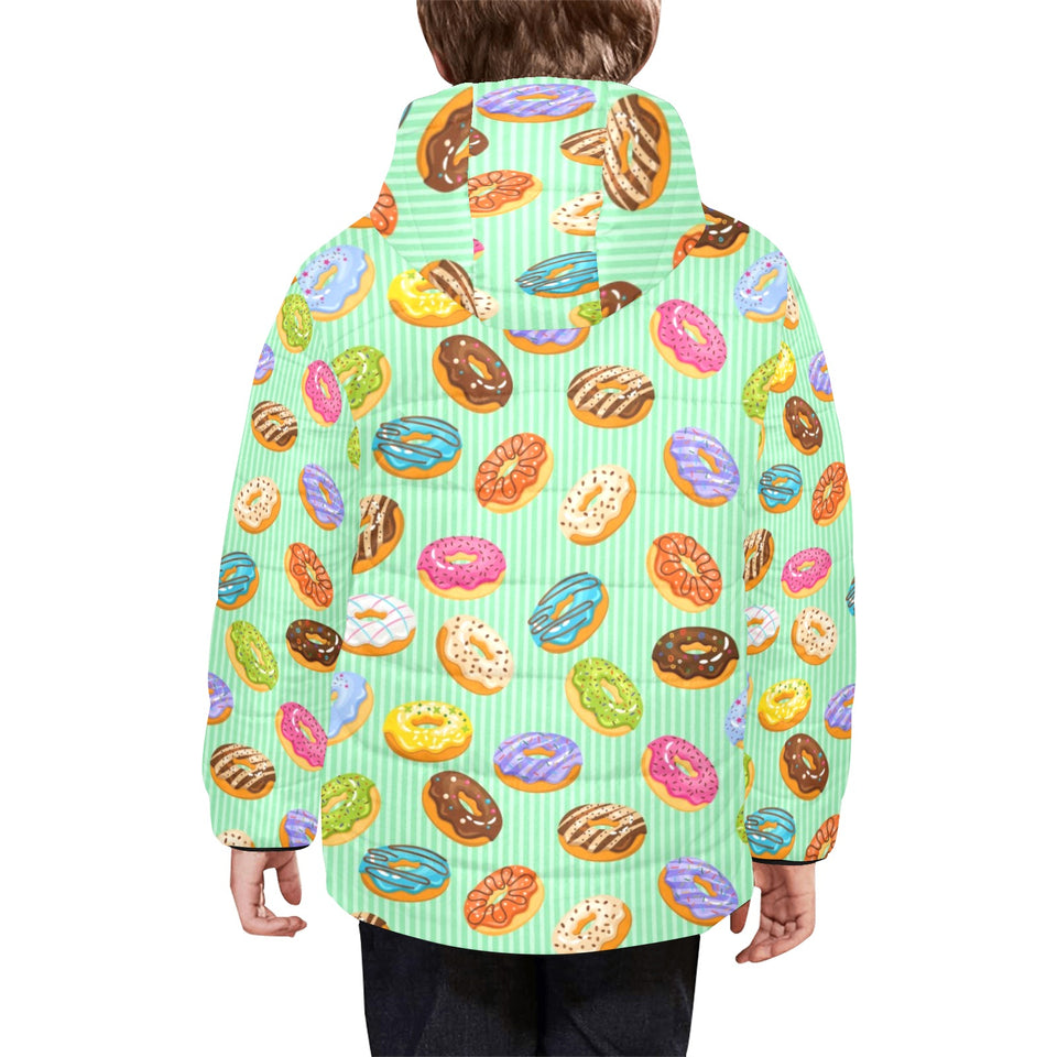 Colorful donut pattern green background Kids' Boys' Girls' Padded Hooded Jacket