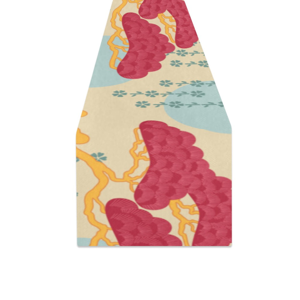 Red Bonsai gray sun japanese pattern Table Runner