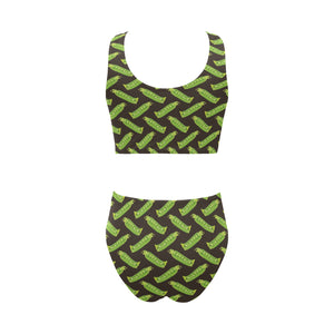 Green Peas Pattern Print Design 05 Chest Bowknot High Waisted Bikini Swimsuit
