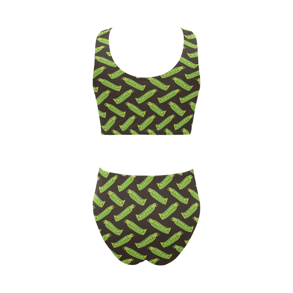 Green Peas Pattern Print Design 05 Chest Bowknot High Waisted Bikini Swimsuit