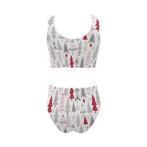 Cute Christmas tree pattern Chest Bowknot High Waisted Bikini Swimsuit