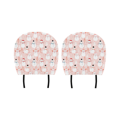 Cute snowman christmas tree snowpink background Car Headrest Cover