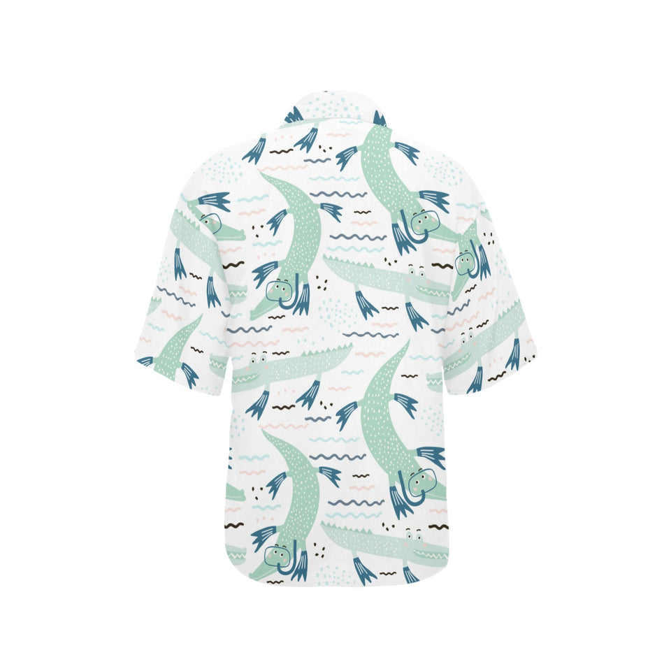 Crocodile diver pattern Women's All Over Print Hawaiian Shirt