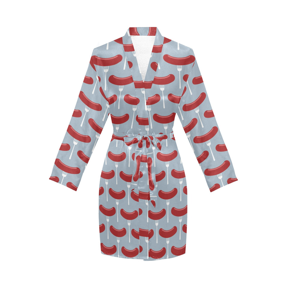 Sausage Pattern Print Design 02 Women's Long Sleeve Belted Night Robe
