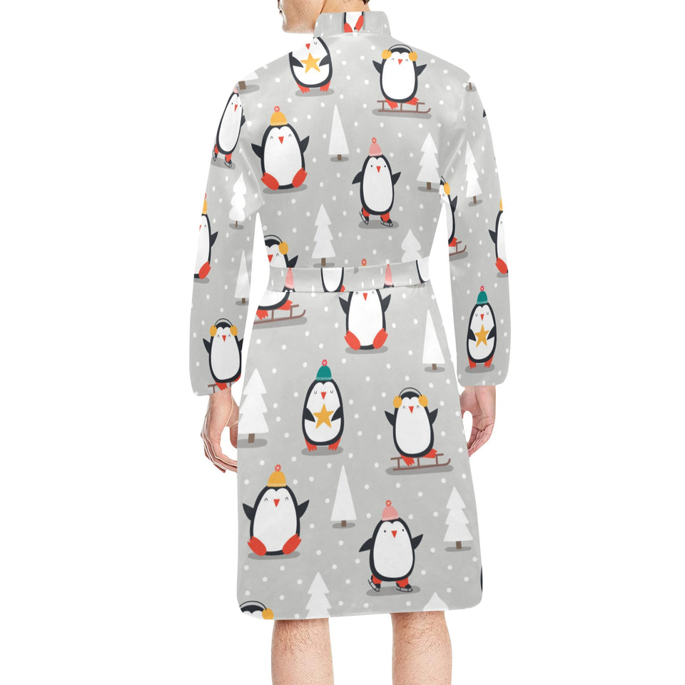 Cute Penguin christmas pattern Men's Long Sleeve Belted Night Robe