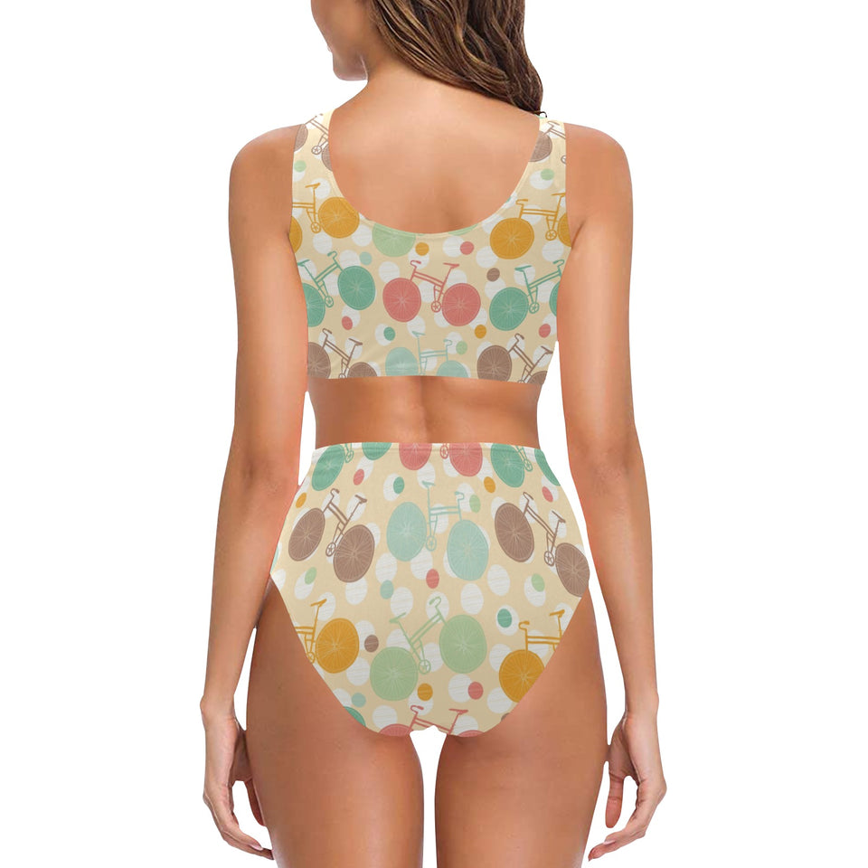 Bicycle Pattern Print Design 01 Chest Bowknot High Waisted Bikini Swimsuit
