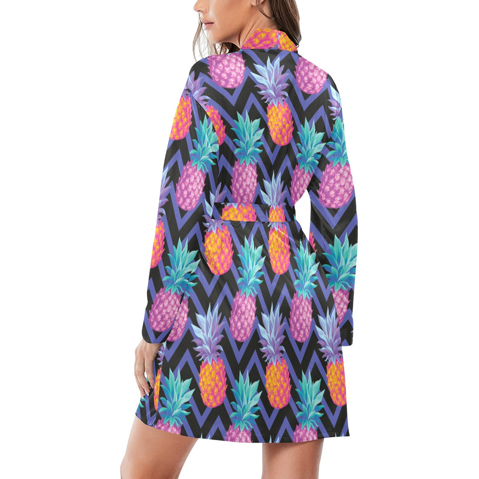 Pineapples pattern zigzag background Women's Long Sleeve Belted Night Robe