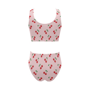 cherry pattern pink background Chest Bowknot High Waisted Bikini Swimsuit
