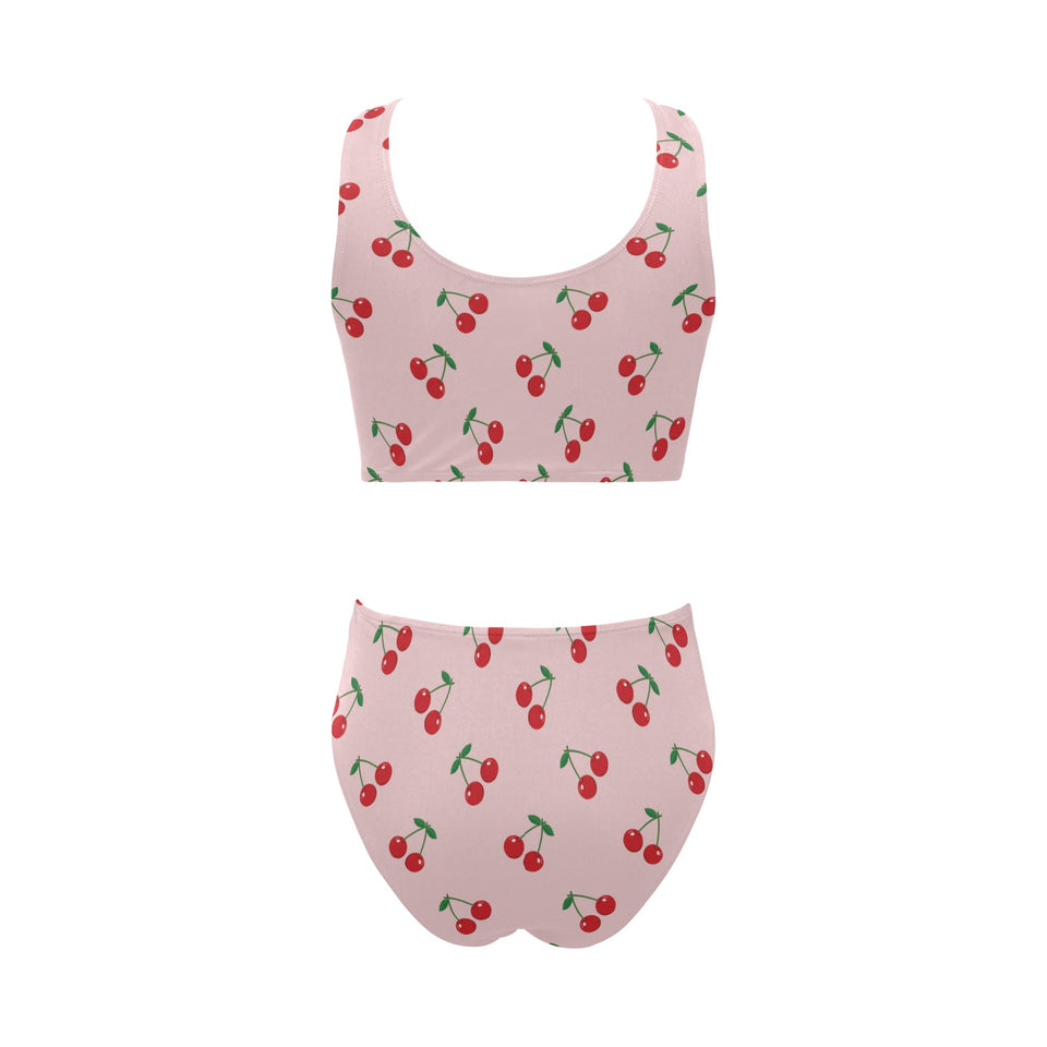 cherry pattern pink background Chest Bowknot High Waisted Bikini Swimsuit