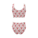 cherry pattern pink background Chest Bowknot High Waisted Bikini Swimsuit