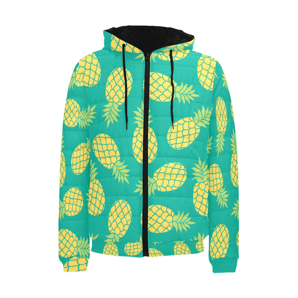 Pineapples pattern green background Men's Padded Hooded Jacket