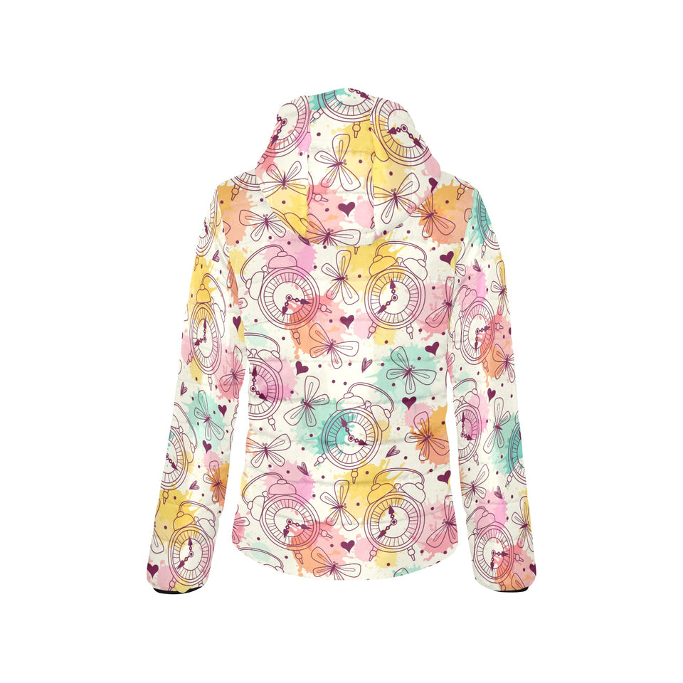 Clock butterfly pattern Women's Padded Hooded Jacket