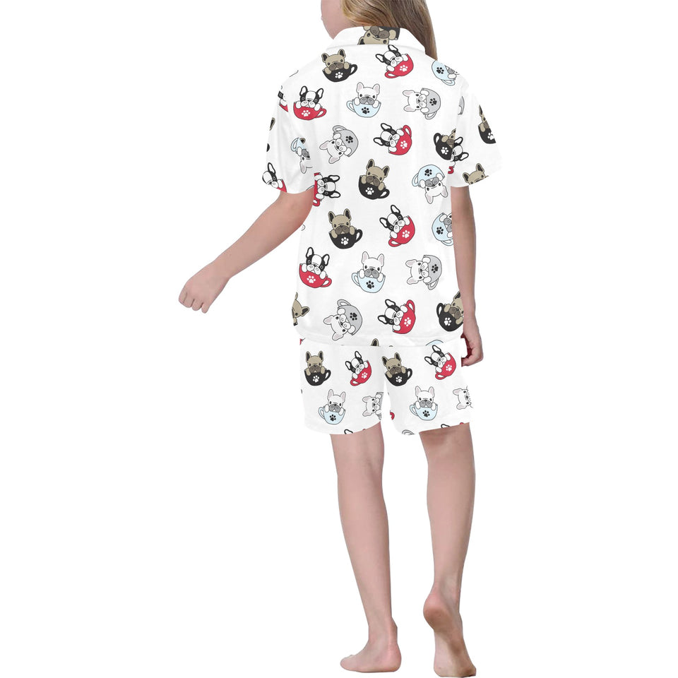 French bulldog cup paw pattern Kids' Boys' Girls' V-Neck Short Pajama Set