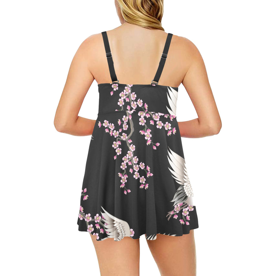 Japanese crane pink sakura pattern Chest Sexy Pleated Two Piece Swim Dress