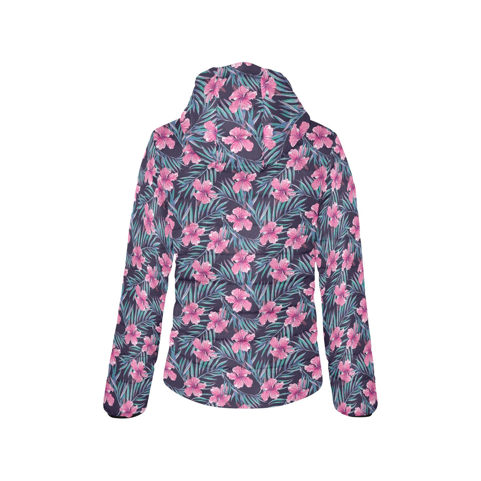 Hibiscus Pattern Print Design 05 Women's Padded Hooded Jacket