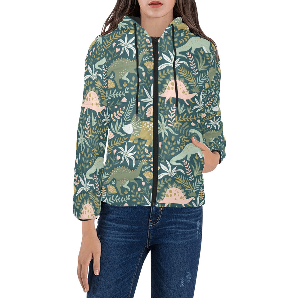 dinosaurs tropical leaves flower pattern Women's Padded Hooded Jacket