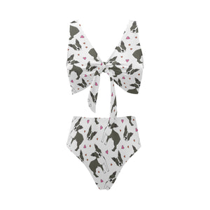 Boston terrier dog hearts vector pattern Chest Bowknot High Waisted Bikini Swimsuit