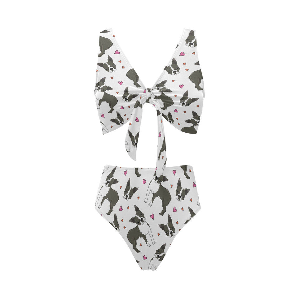 Boston terrier dog hearts vector pattern Chest Bowknot High Waisted Bikini Swimsuit