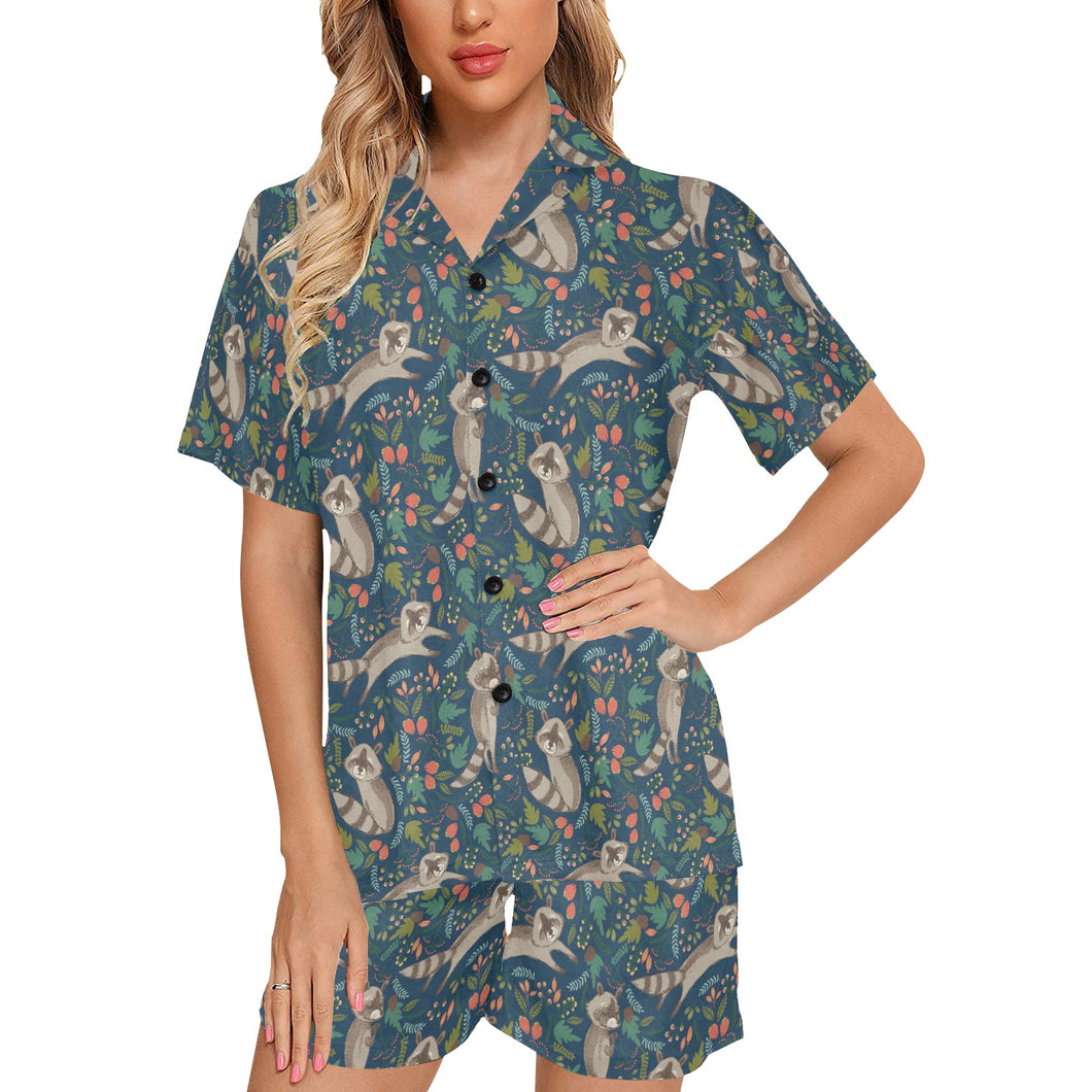 Raccoon tropical leaves pattern Women's V-Neck Short Pajama Set