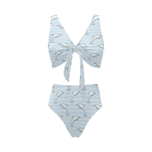 Dolphin blue striped background Chest Bowknot High Waisted Bikini Swimsuit