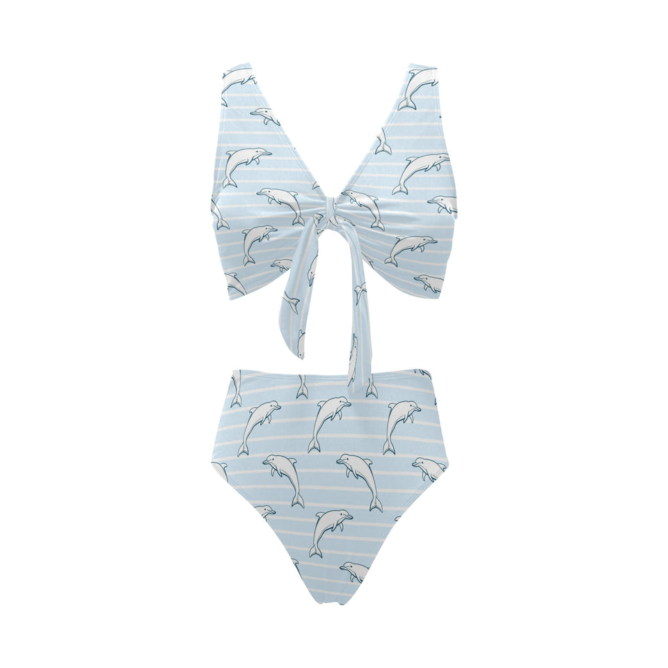 Dolphin blue striped background Chest Bowknot High Waisted Bikini Swimsuit
