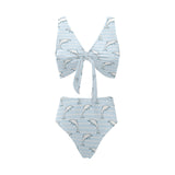 Dolphin blue striped background Chest Bowknot High Waisted Bikini Swimsuit