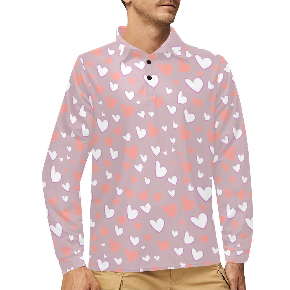 coral white heart pattern Men's Long Sleeve Polo Shirt