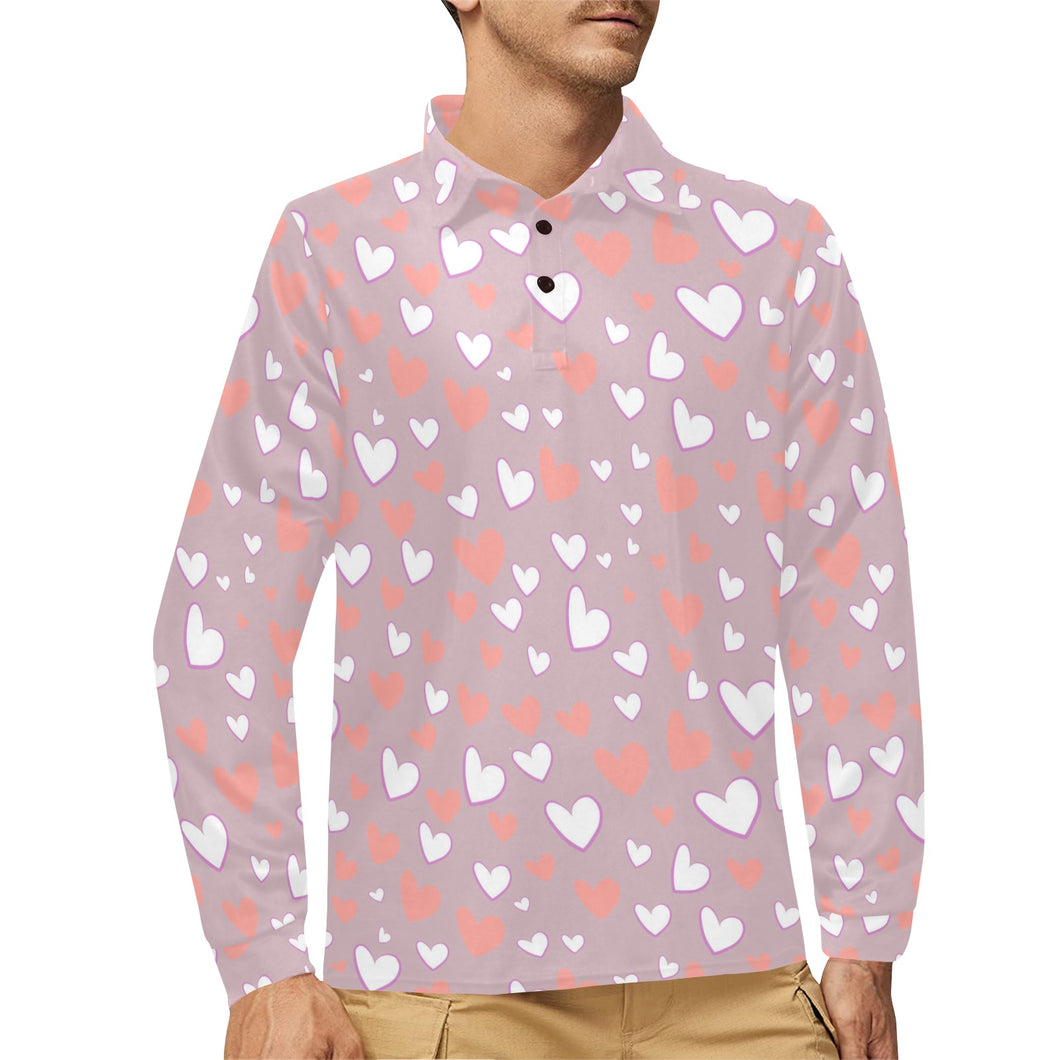 coral white heart pattern Men's Long Sleeve Polo Shirt