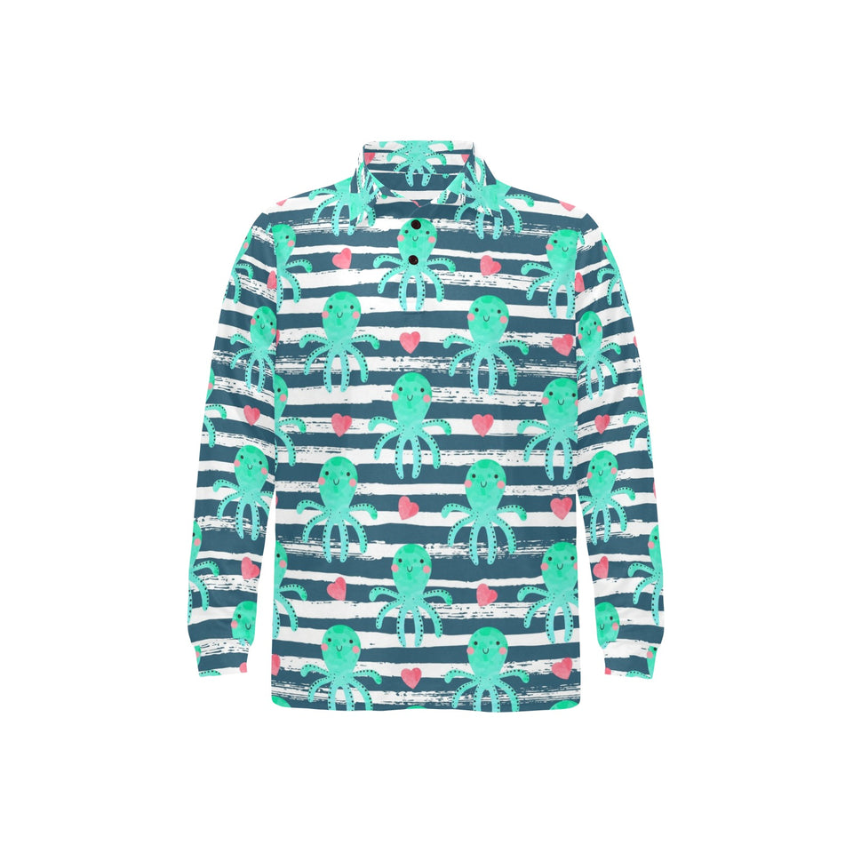 Cute octopuses heart striped background Men's Long Sleeve Polo Shirt