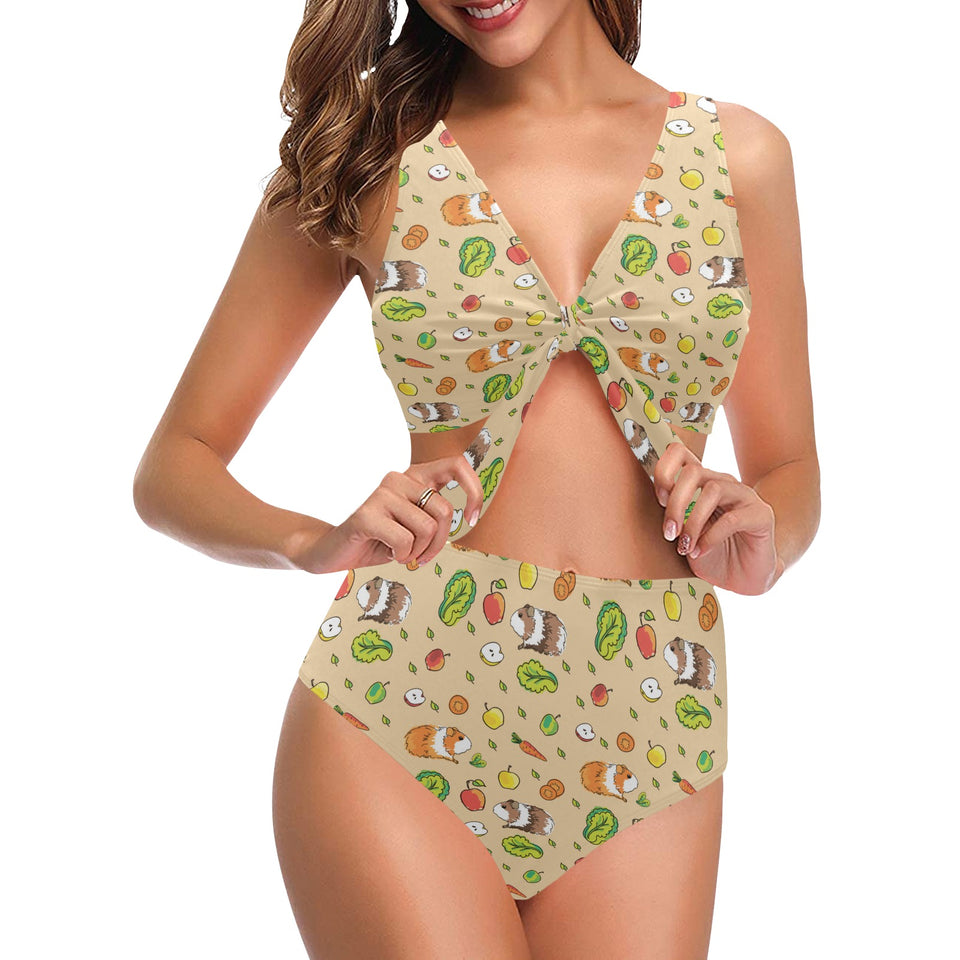 Guinea Pig Pattern Print Design 05 Chest Bowknot High Waisted Bikini Swimsuit