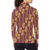 Hand drawn gold saxophone red background Women's Long Sleeve Polo Shirt