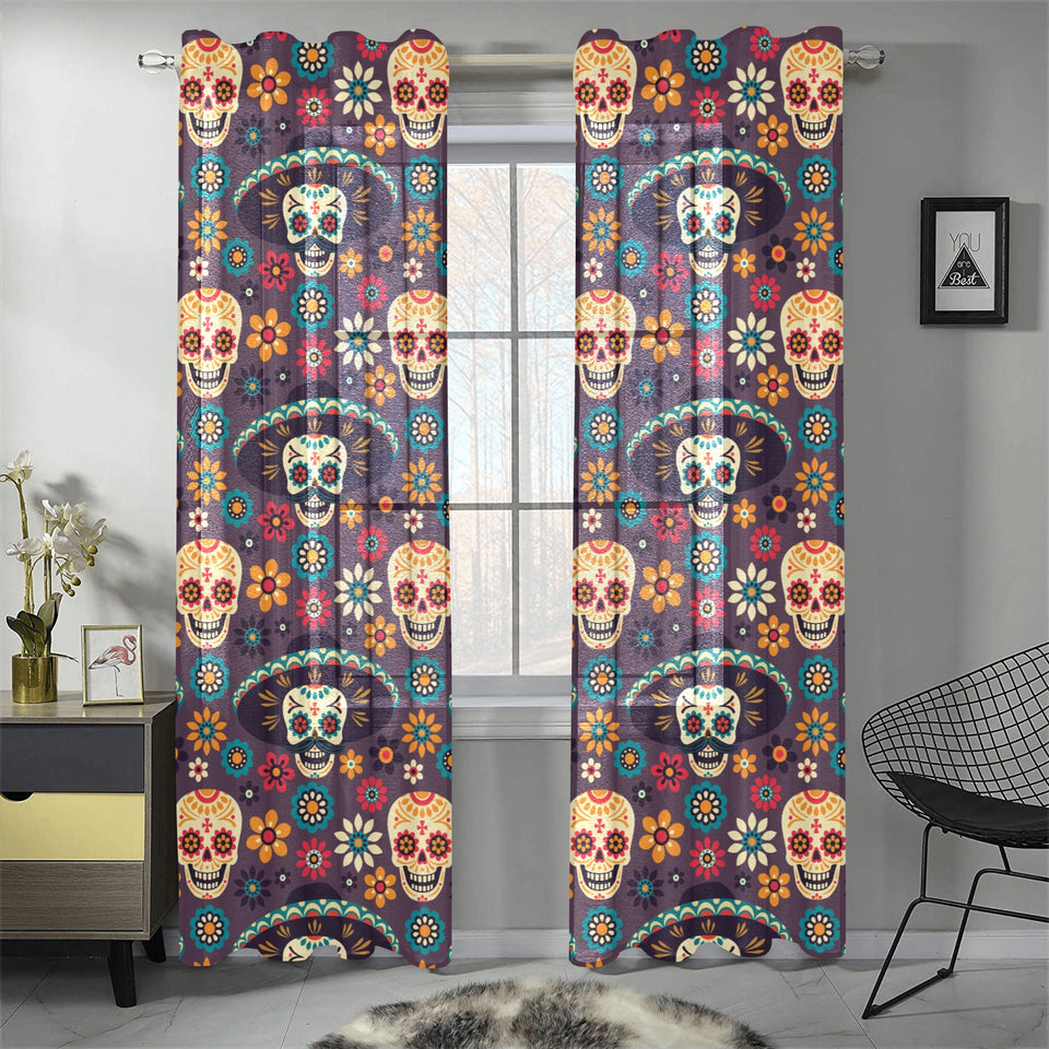 Sugar skulls flower maxican pattern Gauze Curtain