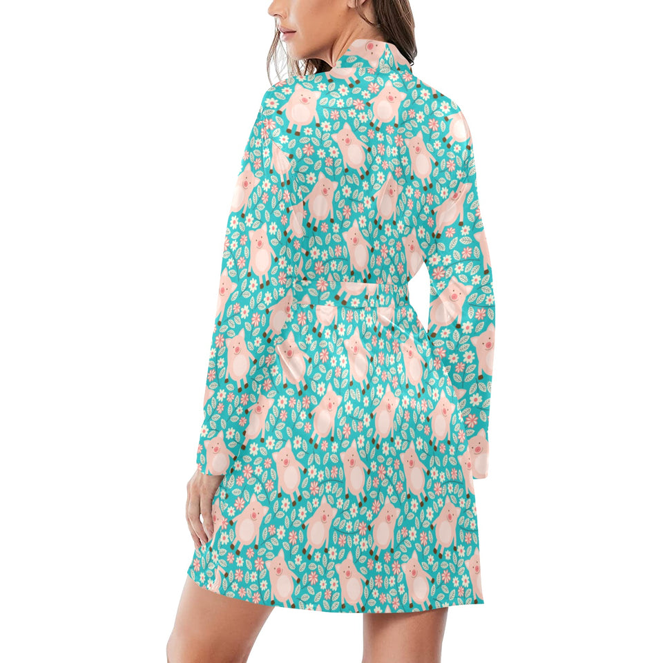 Pig Pattern Print Design 01 Women's Long Sleeve Belted Night Robe