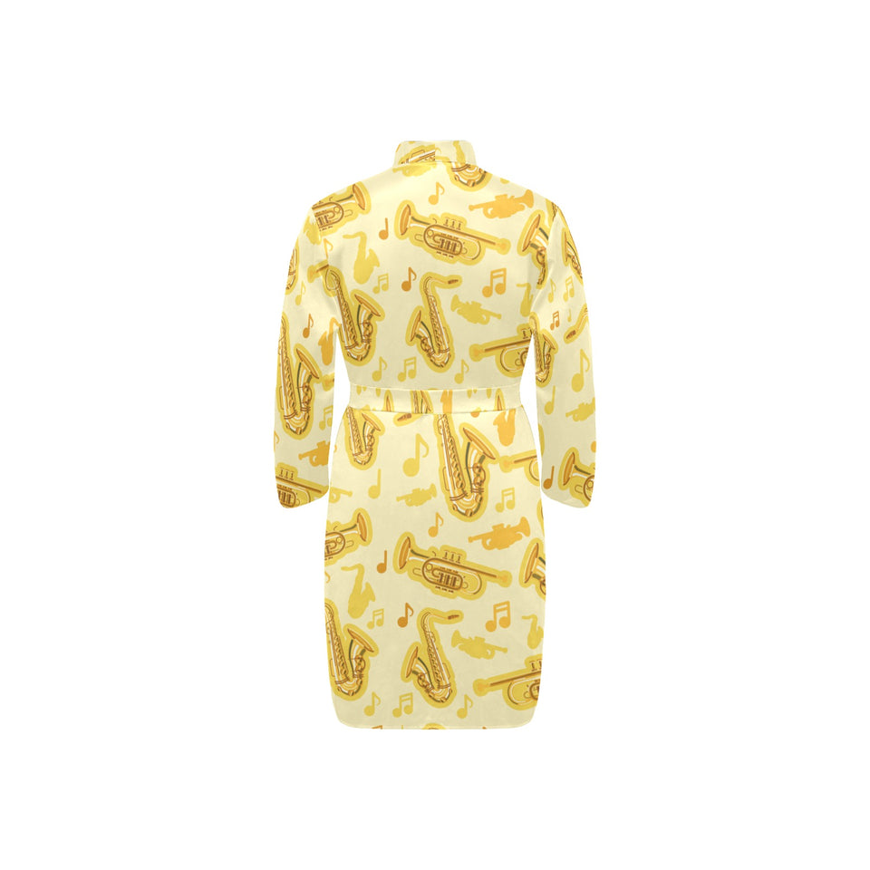Saxophone cornet pattern yellow background Men's Long Sleeve Belted Night Robe