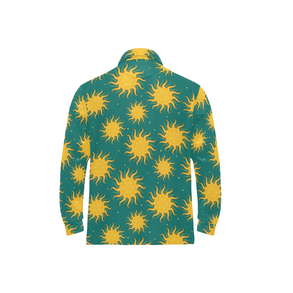 Sun green background Men's Long Sleeve Polo Shirt