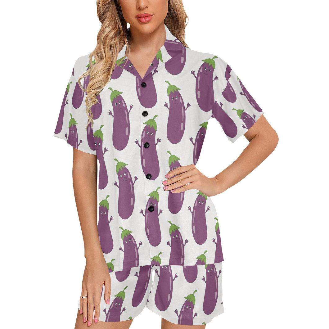 Eggplant Pattern Print Design 01 Women's V-Neck Short Pajama Set