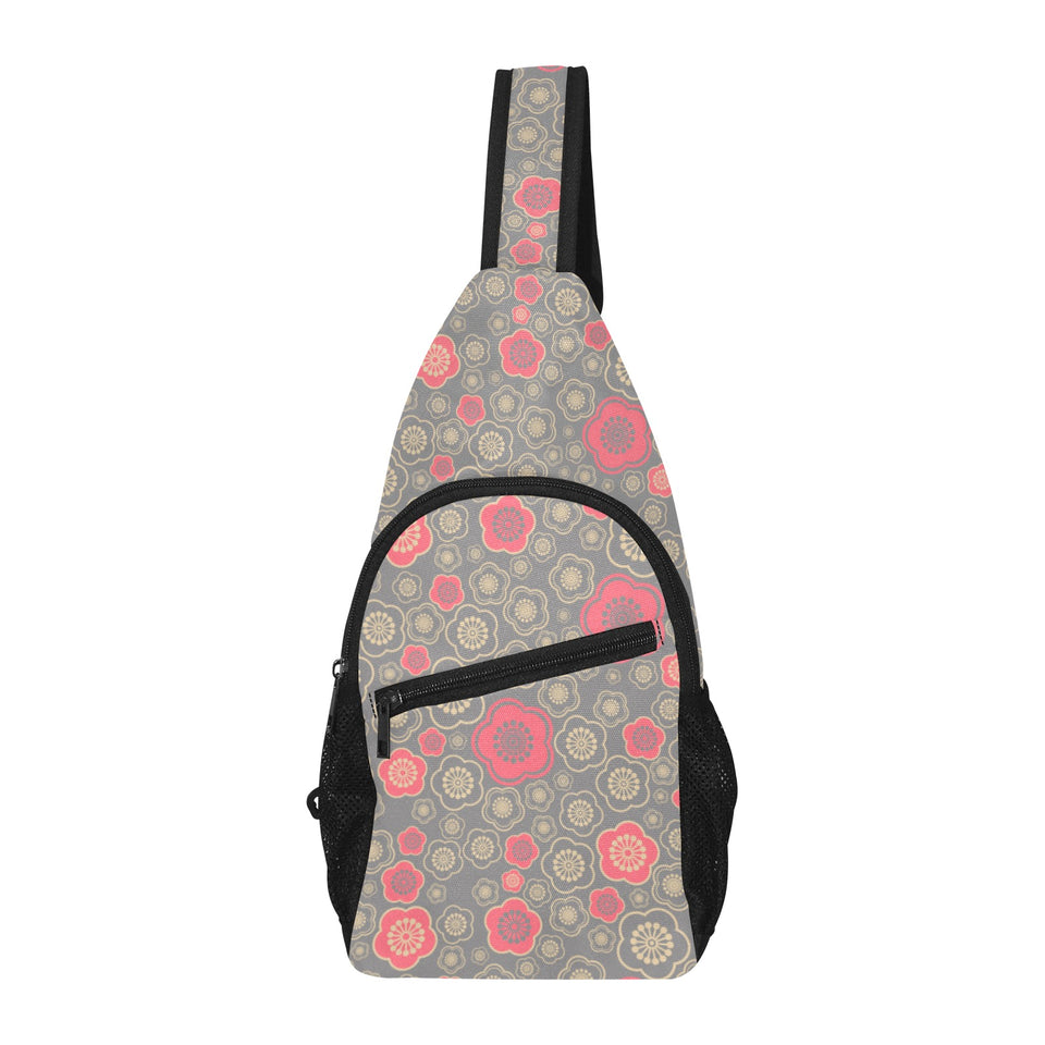 Red gold Sakura cherry blossom gray background All Over Print Chest Bag