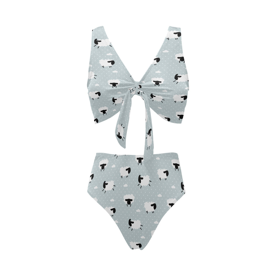 Sheep polka dot cloud pattern Chest Bowknot High Waisted Bikini Swimsuit