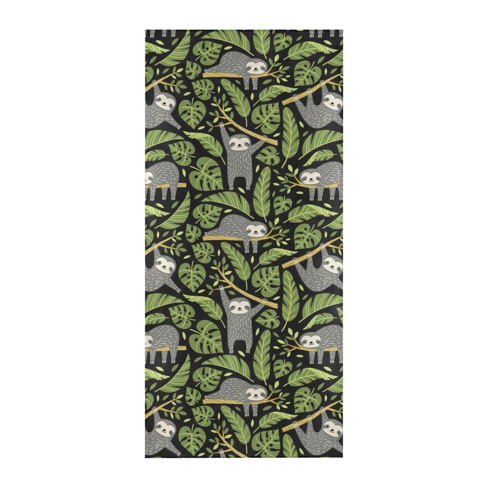 Cute sloths tropical palm leaves black background Beach Towel
