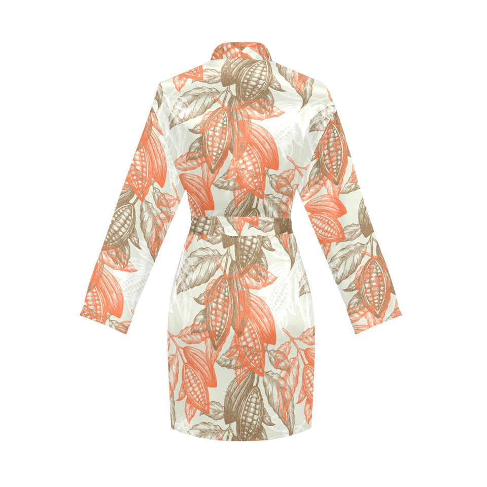 Cocoa beans Cocoa tree pattern Women's Long Sleeve Belted Night Robe