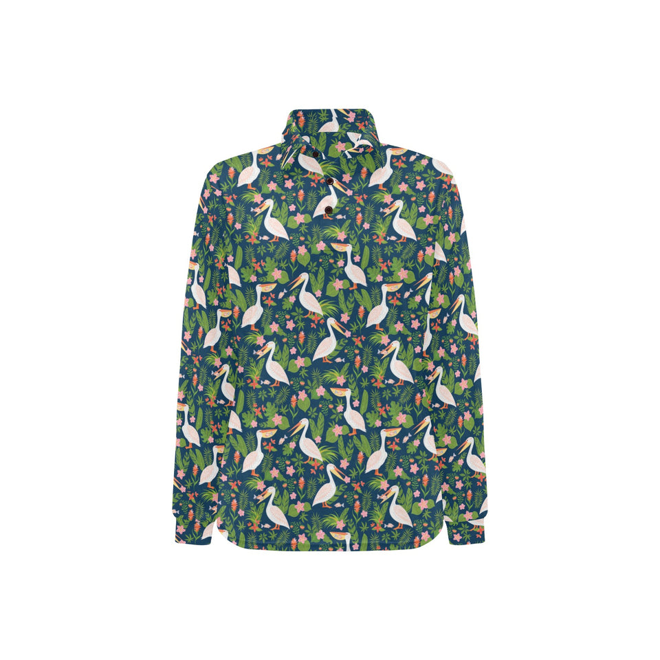 Pelican Pattern Print Design 05 Women's Long Sleeve Polo Shirt