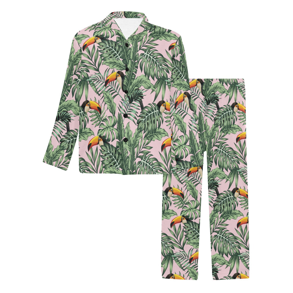 Toucan tropical green jungle palm pattern Men's Long Pajama Set