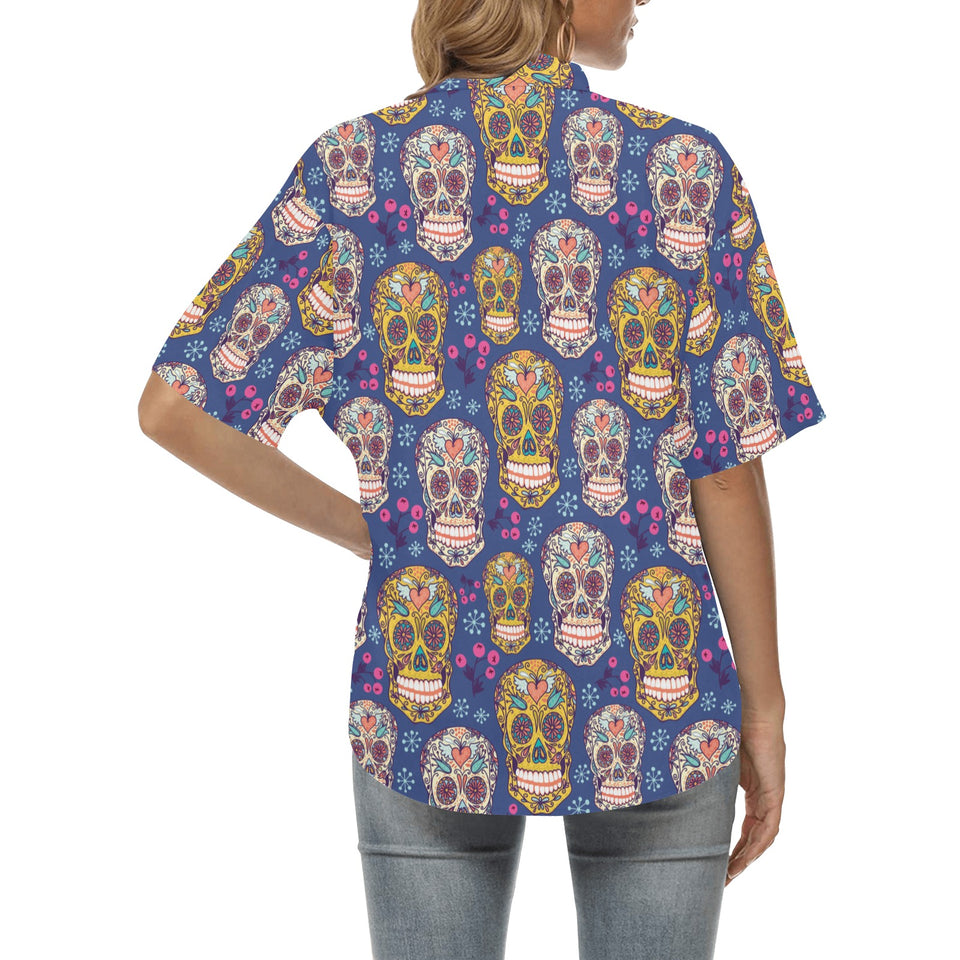 Sugar skull flower pattern Women's All Over Print Hawaiian Shirt