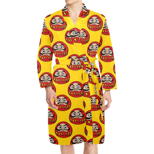 Daruma japanese wooden doll yellow background Men's Long Sleeve Belted Night Robe