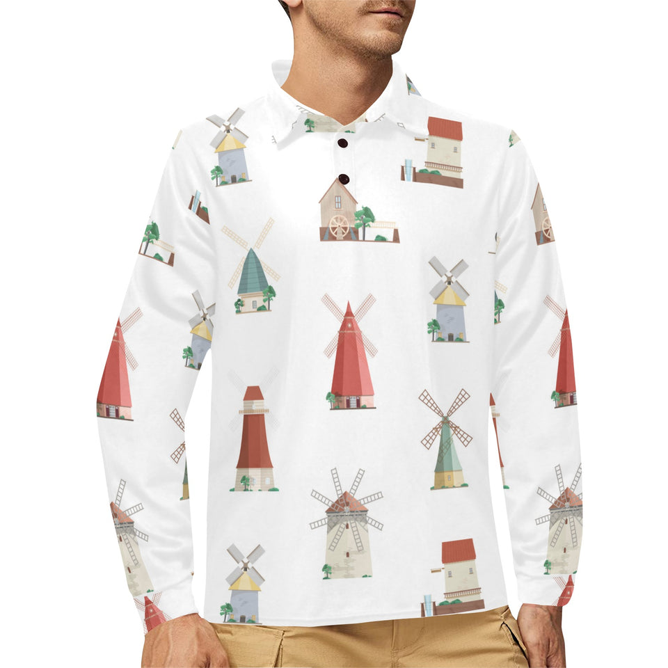 windmill design pattern Men's Long Sleeve Polo Shirt