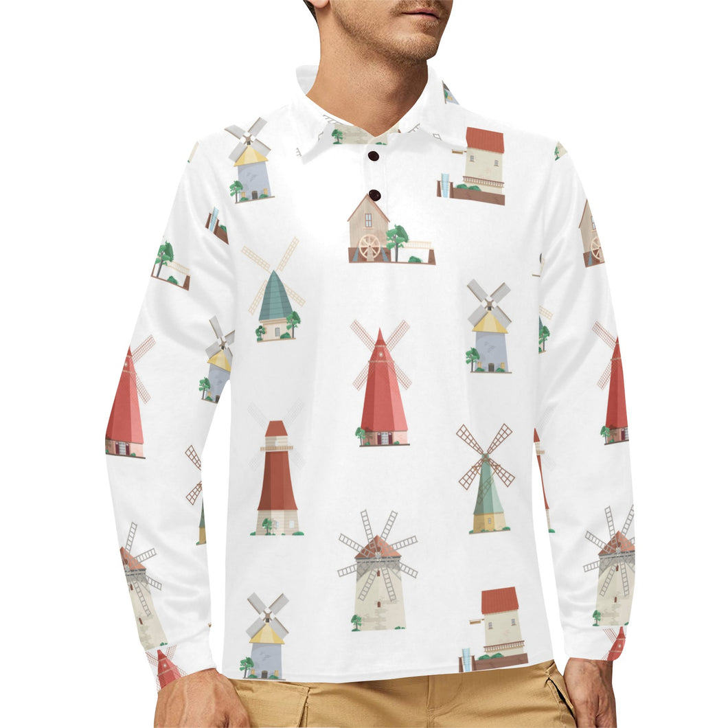 windmill design pattern Men's Long Sleeve Polo Shirt